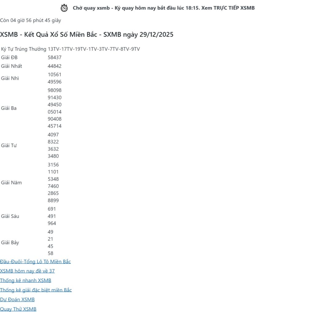 Kết Quả XSMB ngày 29/12/2025